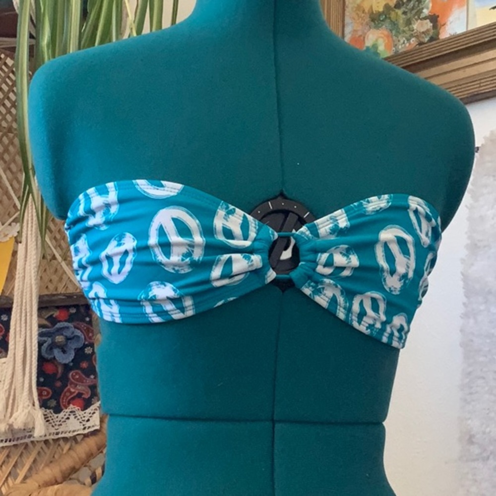 Bathing swim suit top xhiliration strapless, peace signs ✌🏻✌🏾 Turquoise